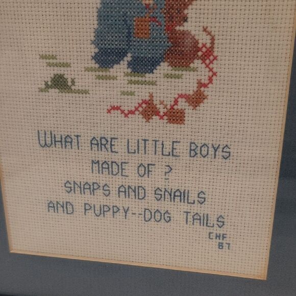 Vintage Framed Cross-Stitch Art Boy and His Puppy, What Are Little Boys Made Of? - Picture 3 of 7
